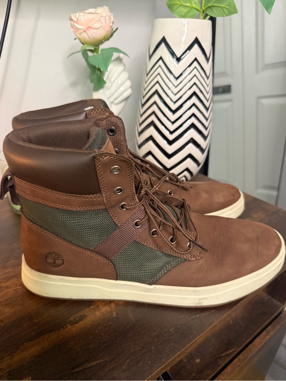 Timberland Brown and Green High-Top Lace-Up Boots